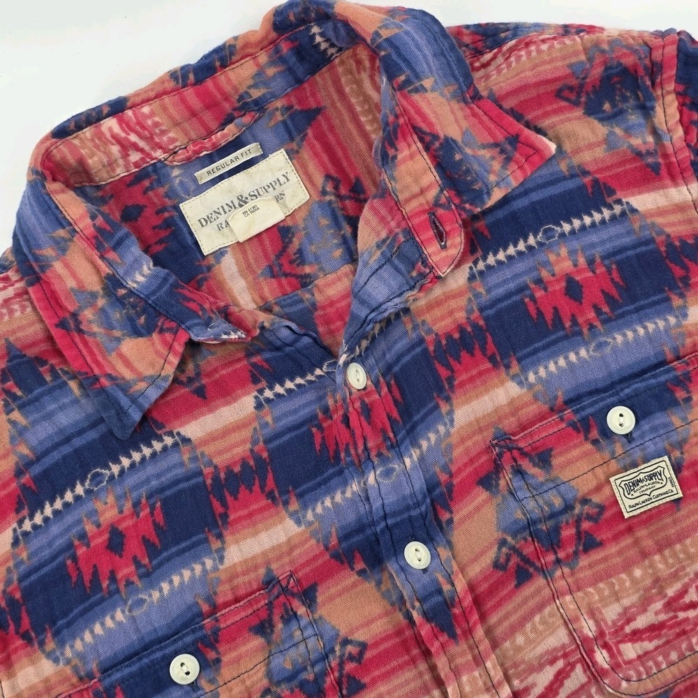 Denim & Supply Ralph Lauren Shirt Mens Large Red Blue Aztec Short Sleeve Western